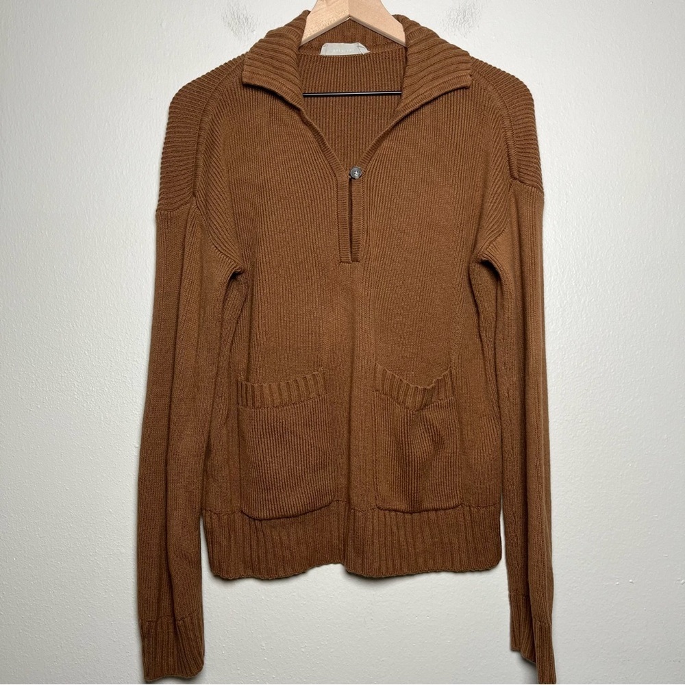 Everlane Women Sweater XS‎ Camel Brown Cotton Knit Chore Henley Quarter Zip